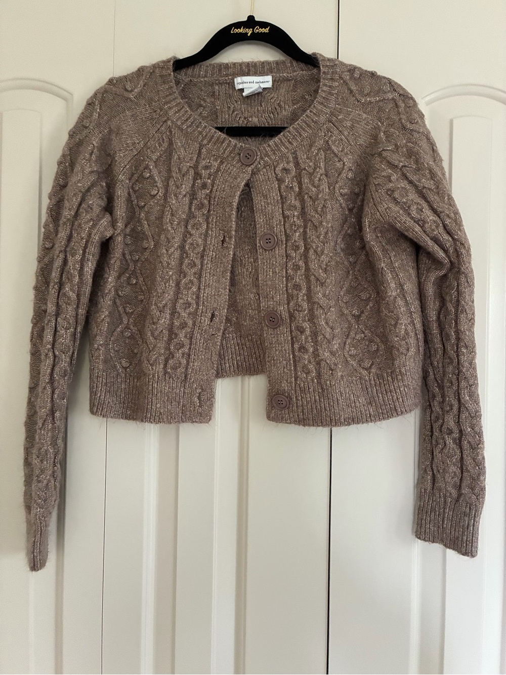 cupcakes & cashmere Cropped Taupe Cable-Knit Cardigan